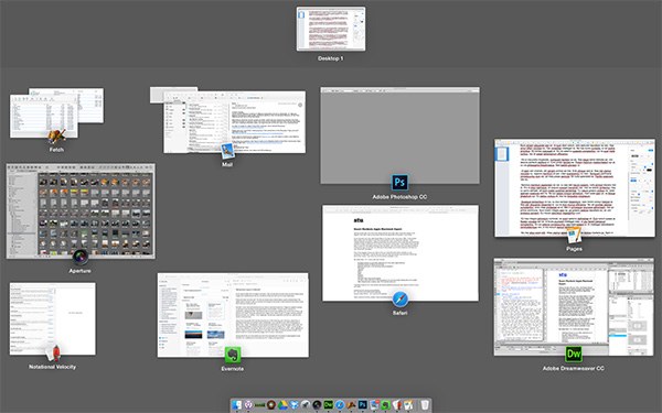 stuart's macintoch desktop, with aperture, photoshop, dreamweaver, evernote, mail, pages, and fetch prgrams open